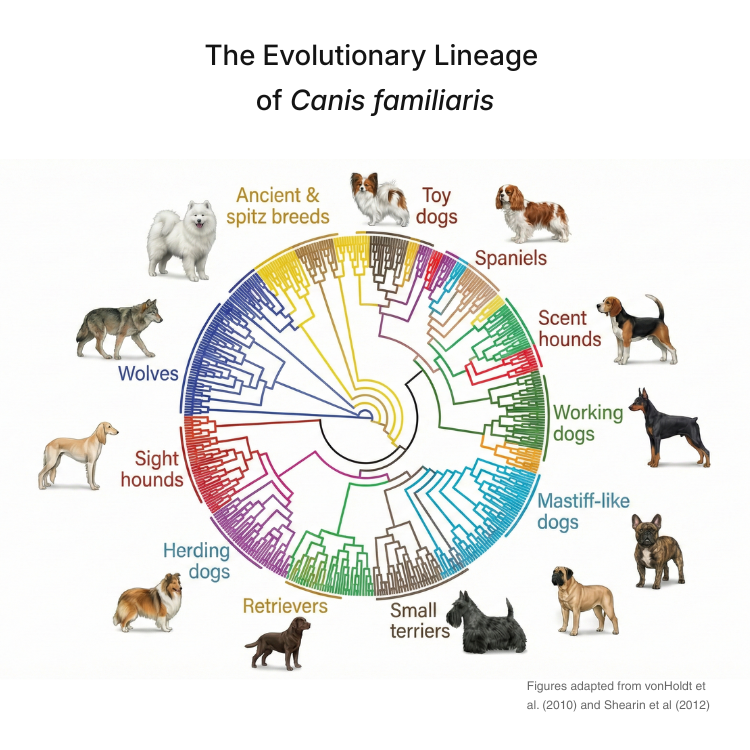Evolutionary relationships among domestic dog breeds